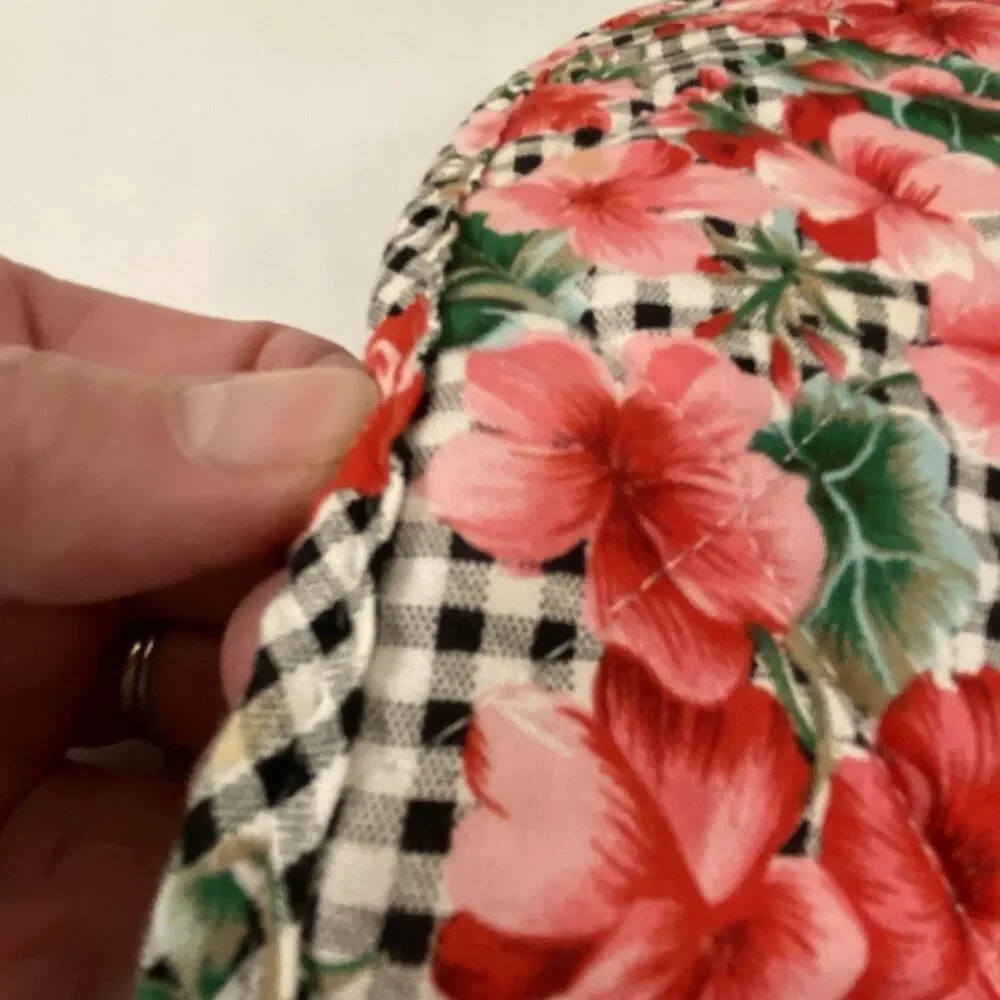 Set of 6 Vintage Floral Quilted Placemats Gingham Check Hibiscus Red Pink Oval